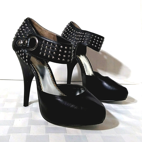 Bebe Black Leather Studded Stiletto Heels - Picture 1 of 16